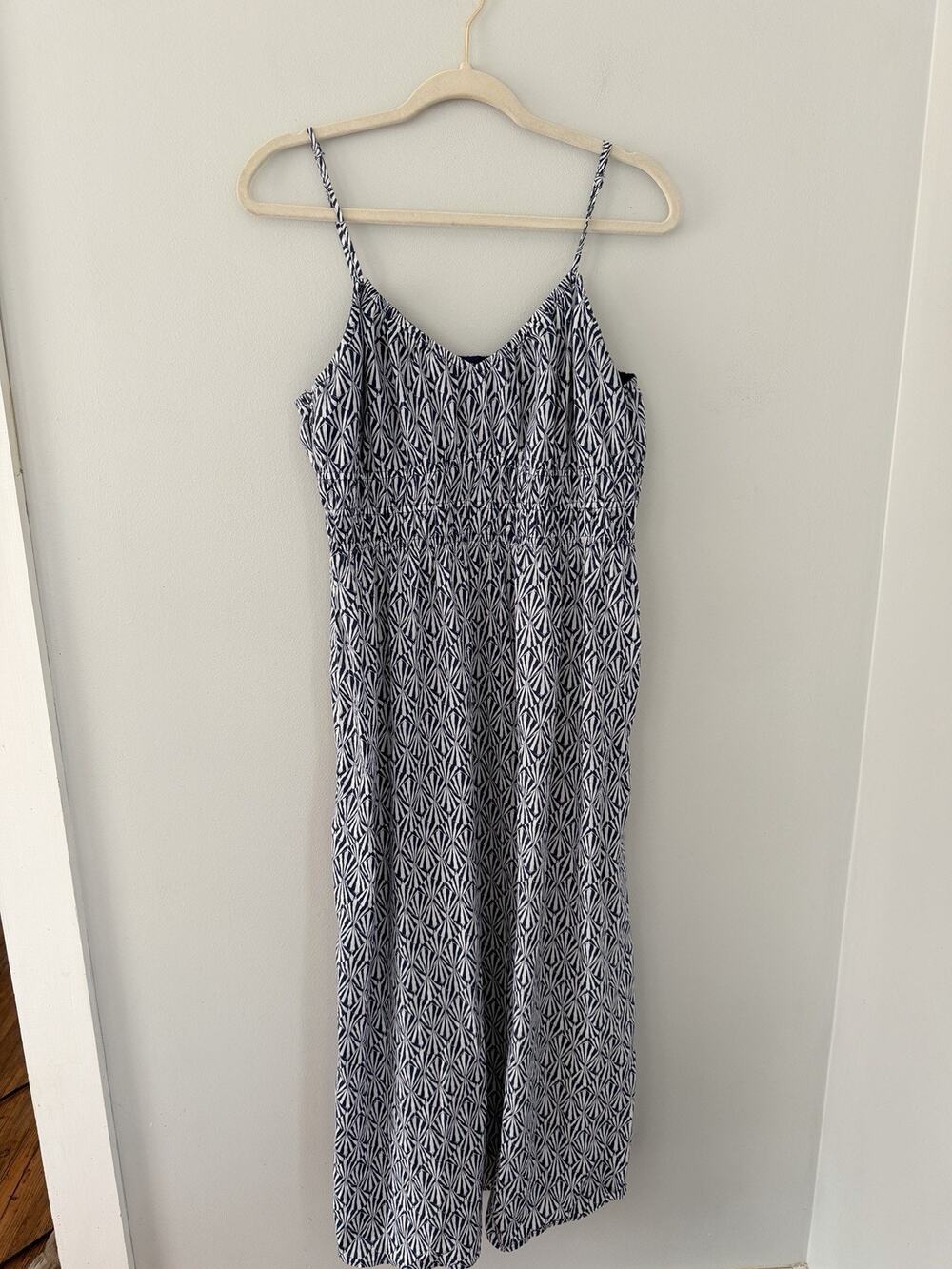 H&M Cotton Smocked Blue White Midi Strappy Sundress L
